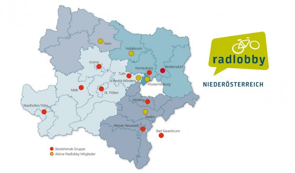 Landkarte Niederösterreich mit Radlobby-Gruppen