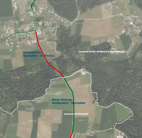 Lageplan der Radwege zwischen St. Primus im Norden und Rückersdorf im Süden