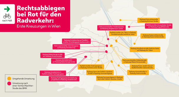 Übersichtskarte der Mobilitätsagentur zu den ersten 10 Standorten weiteren 8 Pilotstandorten des Grünpfeils für Radfahrende in Wien