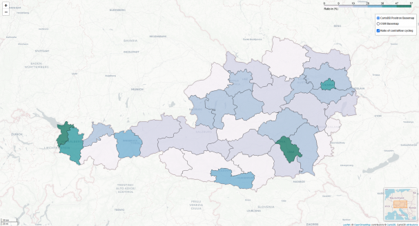 Karte: Anteil der geöffneten Einbahnen in Österreich, Geodaten-Analyse QECIO 2.0 des ECF (August 2023)