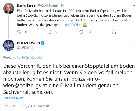 LPD Wien auf Twittter zur inexistenten Fuß-am-Boden-Regel