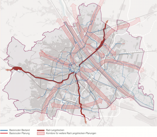 Übersichtskarte der 13 für Wien vorgesehenen "Rad-Langstrecken" aus dem Jahr 2014